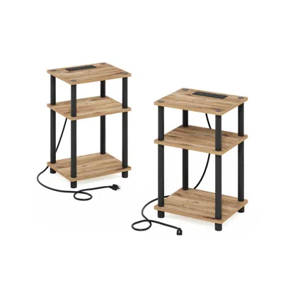 Furinno Just 3-tier Turn-n-tube Usb And Type-c Charging Port End Table, Set Of 2 In Brown