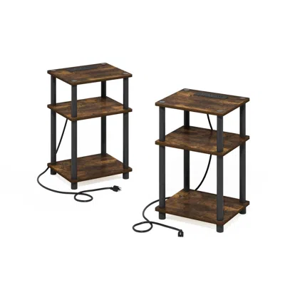 Furinno Just 3-tier Turn-n-tube Usb And Type-c Charging Port End Table, Set Of 2 In Brown