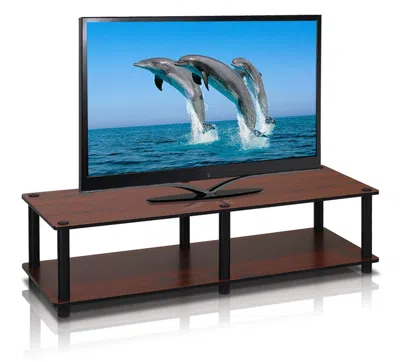 Furinno Just No Tools Wide Tv Stand, Dark Cherry W/black Tube In Brown