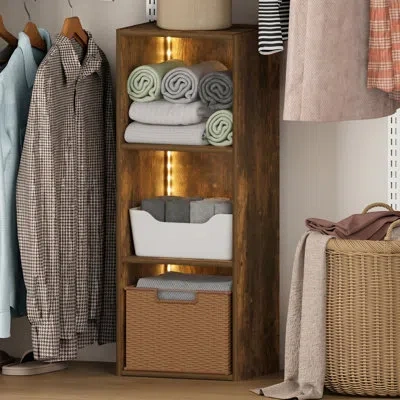 Furinno Luder Closet Organizer With Led Lights, 3-cube Led Closet Organizers And Storage, Closet Storage, 9. In Brown