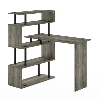 Furinno Moore L-shape Computer Desk With 5-tier Shelves, French Oak/black