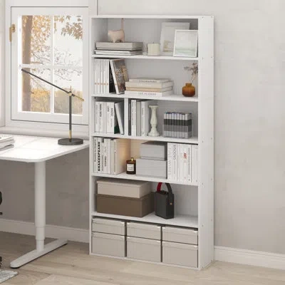 Furinno Pasir Book Shelf, 6-tier Bookshelf, Bookcase With Open Storage Shelf, 9.4 X 31.5 X 63, For Home Offi In White