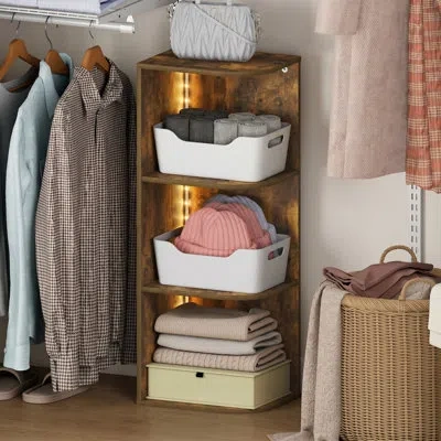Furinno Pasir Closet Organizer With Led Lights, 3-tier Corner Led Closet Organizers And Storage, Open Shelve In Brown
