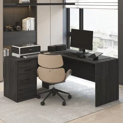 Furinno Roger 60 Inch L-shaped Executive Desk With File Cabinet, L-shaped Office Desk With 3-drawer Fixed Pe In Coastal Grey