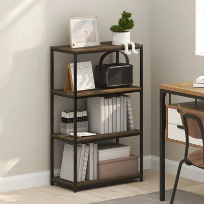 Furinno Simplistic Book Shelf, 4-tier Tall Wide Bookshelf, Metal Frame Bookcases, Metal Storage Shelves, Sto In Brown