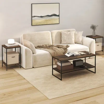 Furinno Simplistic Coffee Table And End Table Set Of 3, Modern Metal Frame 2-tier Coffee Table & 2 Square Si In Brown