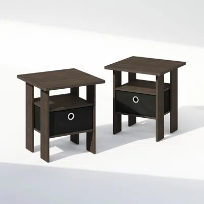 Furinno Tidur Bedside Table Nightstand With Bin Drawer, Dark Brown/black, Set Of 2