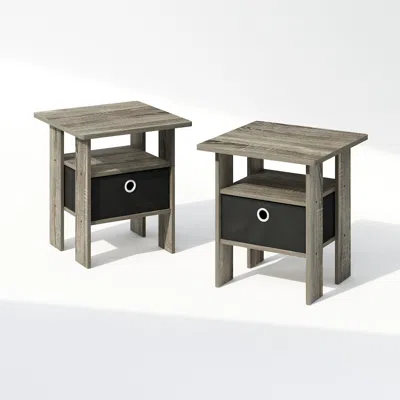 Furinno Tidur Bedside Table Nightstand With Bin Drawer, French Oak/black, Set Of 2