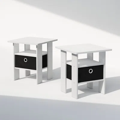 Furinno Tidur Bedside Table Nightstand With Bin Drawer, White/black, Set Of 2
