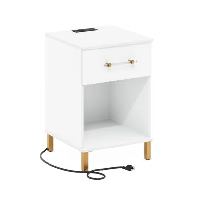 Furinno Tidur End Table, Side Table With Usb And Type-c Charging Station, White