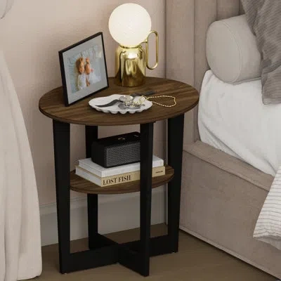Furinno Tidur Night Stand, 2-tier Oval Nightstand With Round Edge Tabletop, Open Shelf Bedside Table, End Ta In Brown