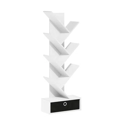 Furinno Tree Bookshelf 7-tier Floor Standing Tree Bookcase With Bin Drawer, White/black