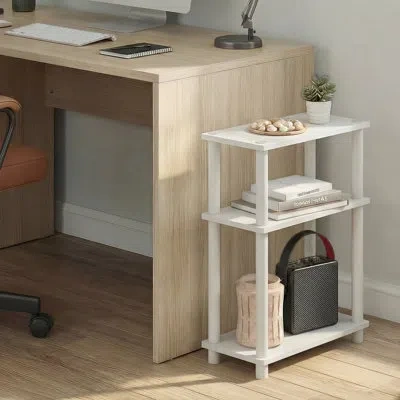 Furinno Turn-n-tube Narrow Side Table, 3-tier Rectangular Modern End Table With Storage Shelf, Slim Toolless In White
