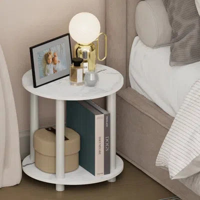 Furinno Turn-n-tube Nght Stand, 2-tier Small Round Nightstand, Toolless Assembly End Table With Open Shelf,  In White