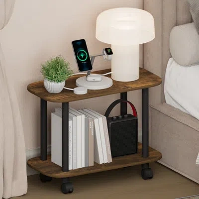 Furinno Turn-n-tube Night Stand, 2-tier Oval Nightstand With Wheels, Round Corner Side Table, End Table With In Brown
