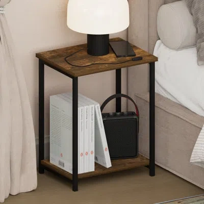 Furinno Villalba Industrial Metal Frame Nightstand, Bedside Table, White In Brown