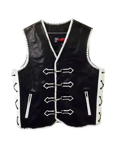 Pre-owned Furious Motorcycle Leather Vest Motorbike Waistcoat Hand Braid Rider Biker Designer Vest In Black & White