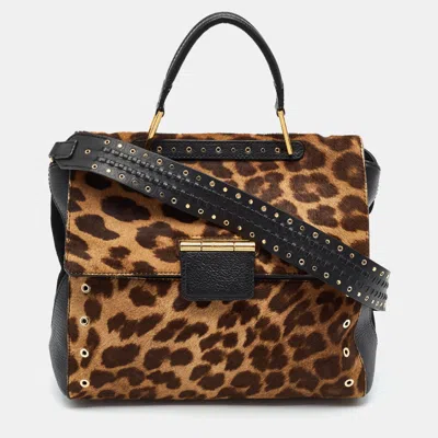 Pre-owned Furla Artesia Grommet Black/brown Leopard Print Calfhair And Leather Top Handle Bag