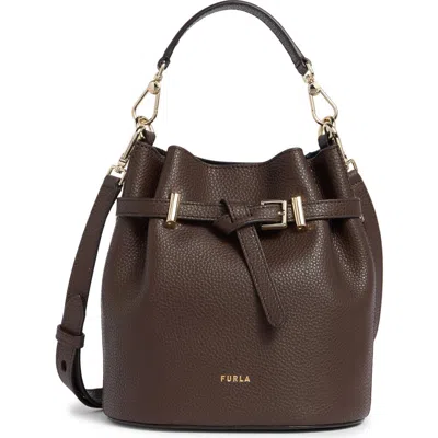 Furla Aura Mini Drawstring Leather Bucket Bag In Brown