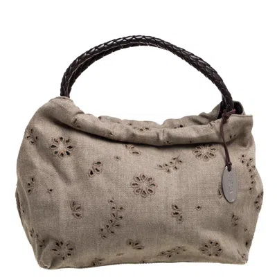 Pre-owned Furla Beige Canvas And Brown Leather Floral Cut Out Shoulder Bag