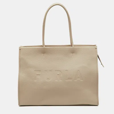 Pre-owned Furla Beige Leather Logo Embossed Shopper Tote In Sand