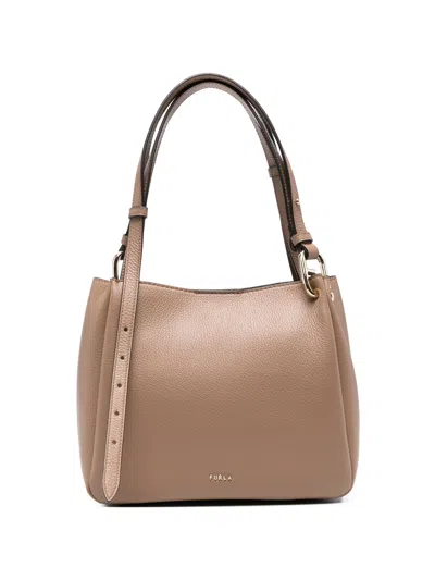 Furla Beige Leather Tote Bag In Brown