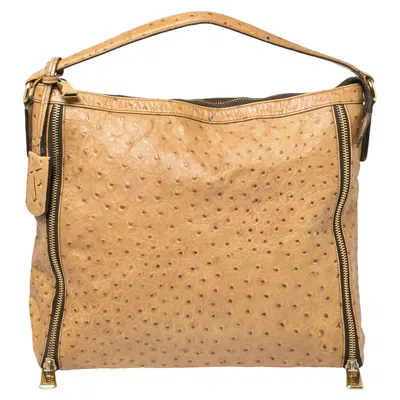 Pre-owned Furla Beige Ostrich Embossed Leather Zip Hobo