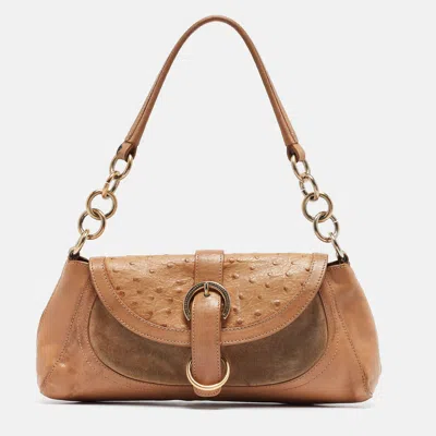 Pre-owned Furla Beige Suede Ostrich Embossed And Leather Buckle Flap Hobo