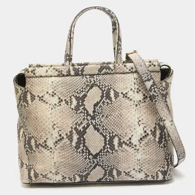 Pre-owned Furla Beige/black Python Embossed Leather Top Zip Tote