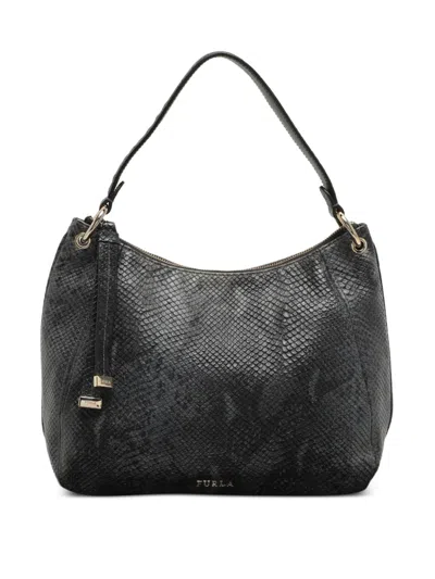 Pre-owned Furla Python-embossed Leather Tote Bag In Black
