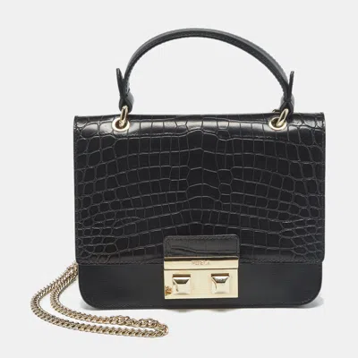 Pre-owned Furla Black Croc Embossed And Leather Mini Bella Top Handle Bag
