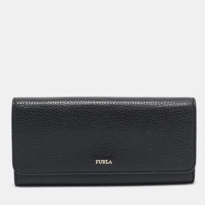 Pre-owned Furla Black Leather Logo Flap Continental Wallet
