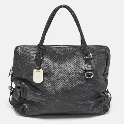 Pre-owned Furla Black Python Embossed Leather Expandable Zip Satchel