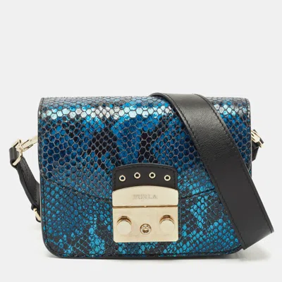 Pre-owned Furla Black/blue Python Embossed And Leather Mni Metropolis Crossbody Bag