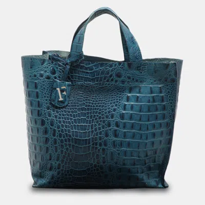 Pre-owned Furla Blue Croc Embossed Leather Divide It Tote