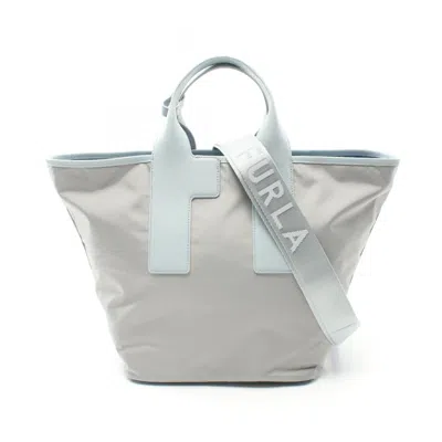 Furla Blue Leather Nylon Canvas Tote Bag In Blue, Gray