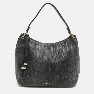 Pre-owned Furla Blue/black Python Embossed Leather Hobo
