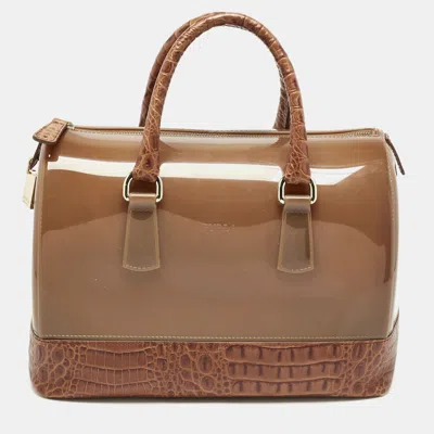 Pre-owned Furla Brown Rubber And Croc Embossed Leather Medium Candy Satchel