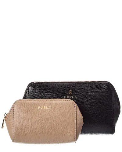 Furla Camelia Leather Cosmetic Case Set Of 2 In Black