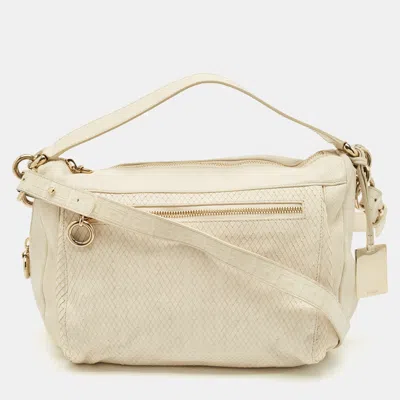 Pre-owned Furla Cream Snakeskin Embossed And Leather Zip Around Crossbody Bag