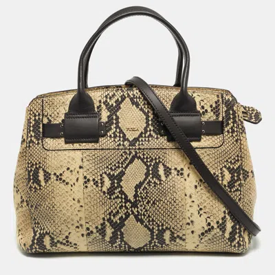 Pre-owned Furla Cream/black Python Embossed Leather Lucky Tote In White