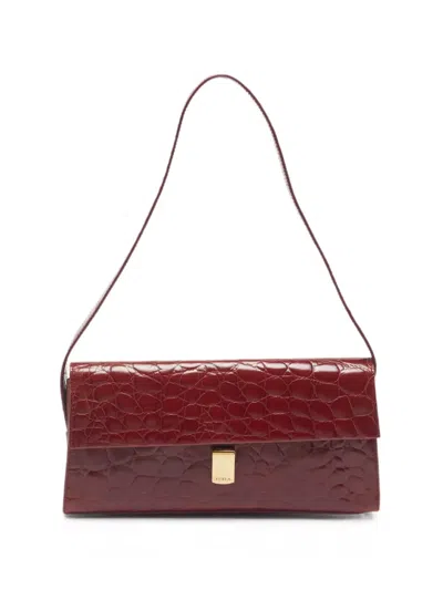 Pre-owned Furla Croc-embossed Flap Shoulder Bag In Red