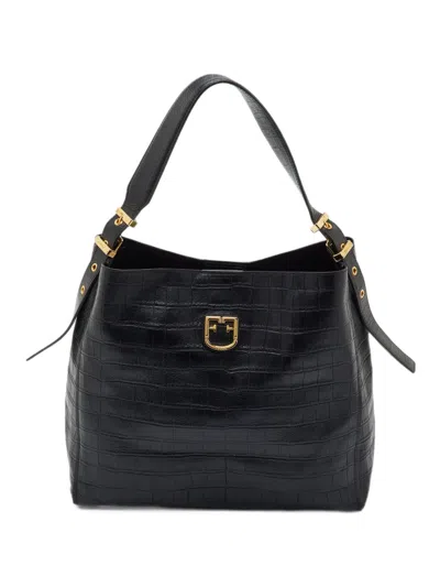 Pre-owned Furla Crocodile-embossed Shoulder Bag In Black