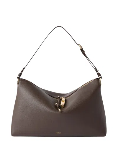 Furla Debby M Dark Brown Grained Calf Leather Shoulder Bag In Purple