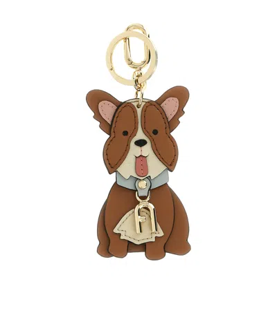 Furla Dog-motif Leather Keyring In Brown And Beige