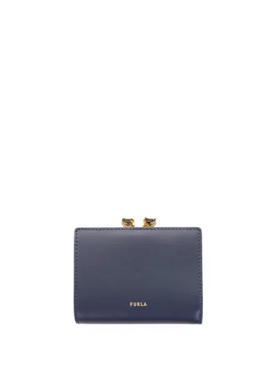 Furla Dots S Compact Wallet In Blue Leather - Ten Internal Credit Card Slots - Internal Bill C In Brown