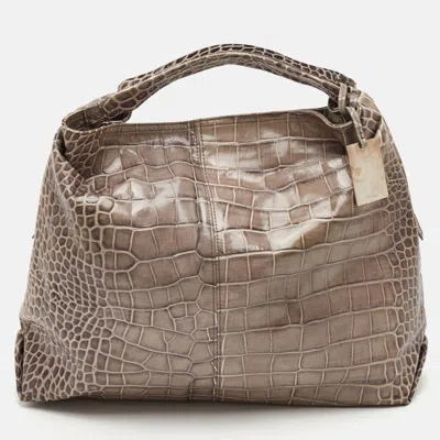 Pre-owned Furla Elisabeth Grey Croc Embossed Leather Hobo In Gray