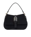 Furla Flow Mini Structured Rectangular Suede Shoulder Bag In Black