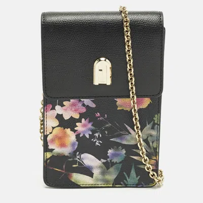 Pre-owned Furla Floral Black Leather Phone Crossbody Bag