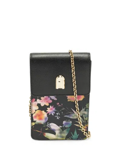 Pre-owned Furla Floral-print Leather Cross Body Bag In Black
